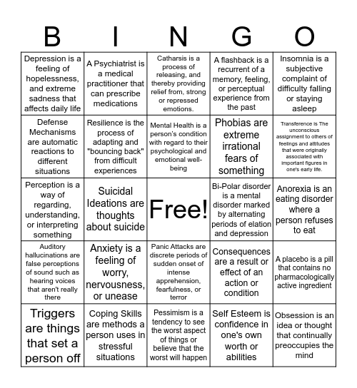 Mental Health Bingo Card