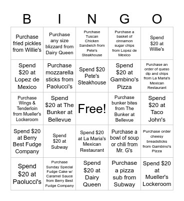 January Restaurant Bingo Card