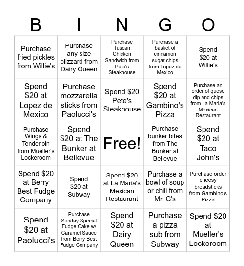 January Restaurant Bingo Card