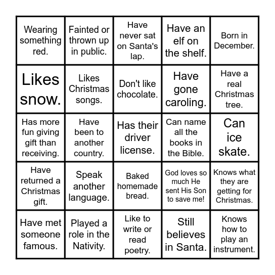 HOPE YOUTH CHRISTMAS Bingo Card