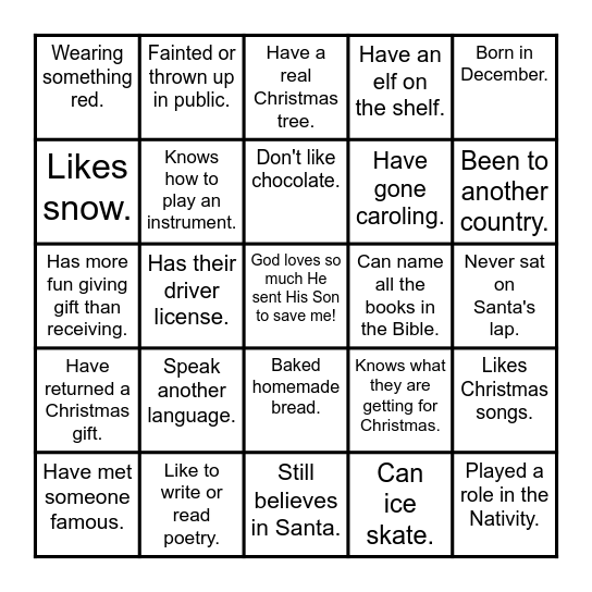 HOPE YOUTH CHRISTMAS Bingo Card