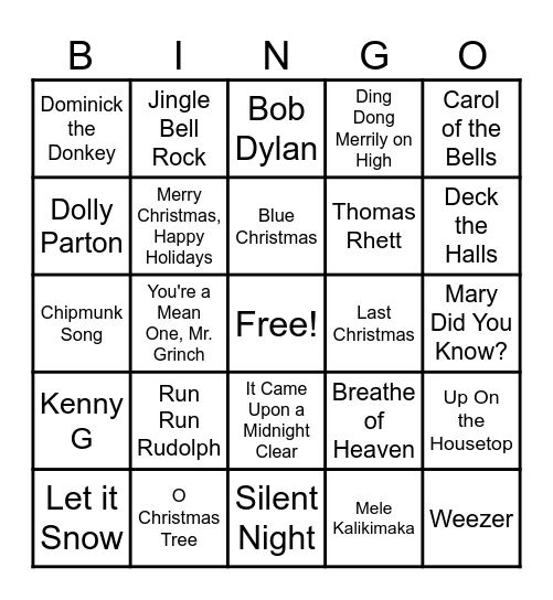 Christmas Tune Bingo Card