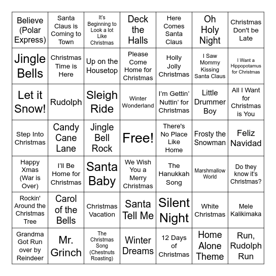 Holiday Music Bingo Card