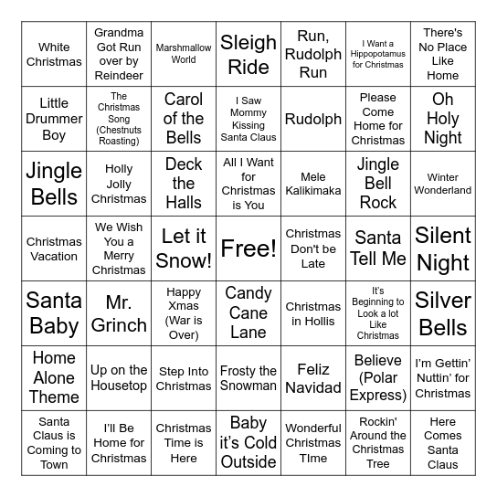 Holiday Music Bingo Card