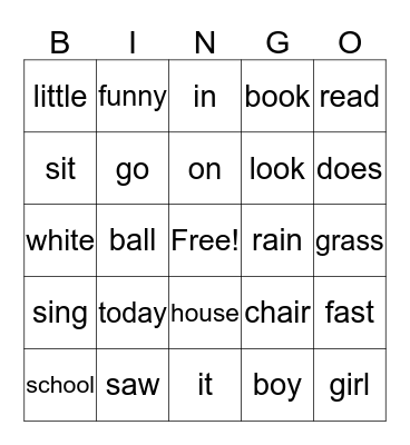sight words Bingo Card