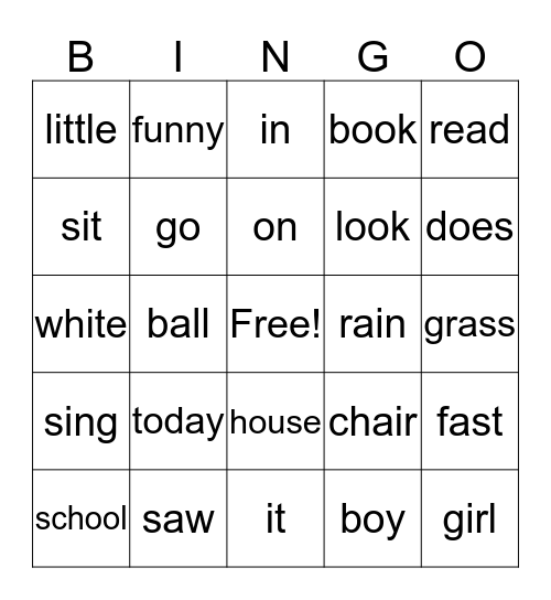 sight words Bingo Card