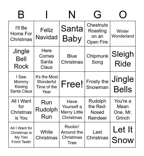 Holiday Music Bingo Card