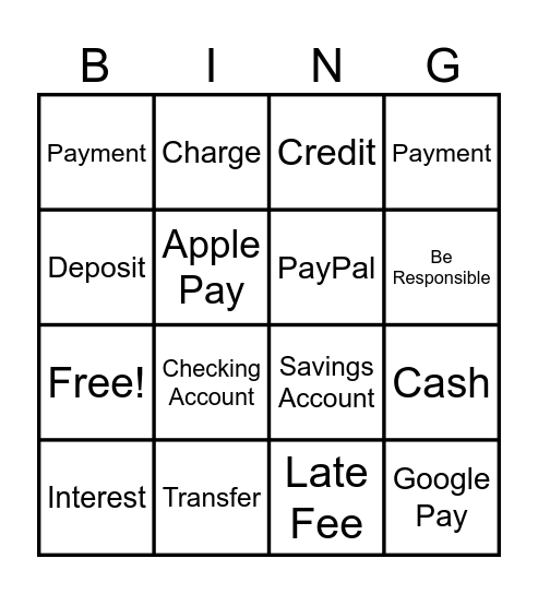 Forms of PaymentCash Bingo Card