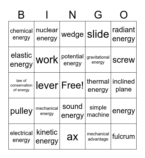 Energy and Simple Machines Vocabulary Bingo Card