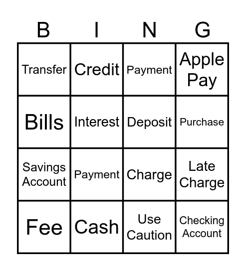 Forms of Payment Bingo Card