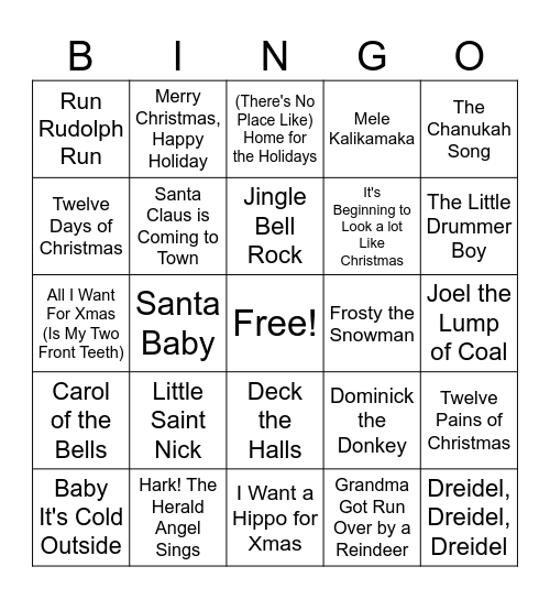 Holiday Music Bingo Card