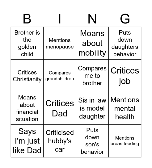 Xmas at mum's Bingo Card