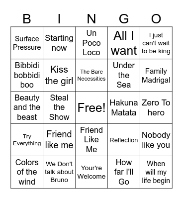 Musical Bingo Card