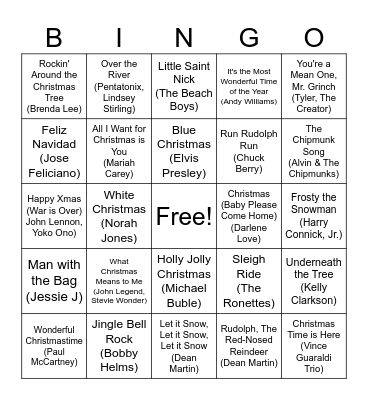 Christmas Song Bingo Card