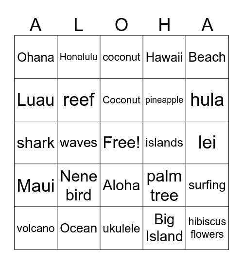 Hello Hawaii Bingo Card