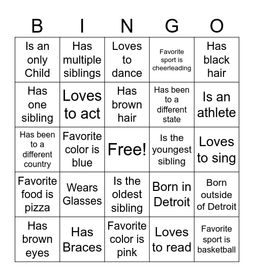 Find A Classmate! Bingo Card