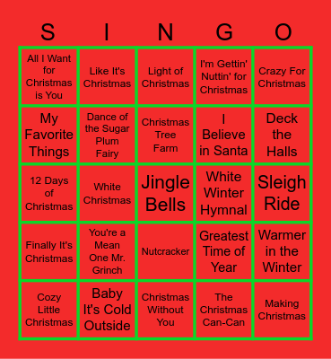 Christmas Song Bingo Card