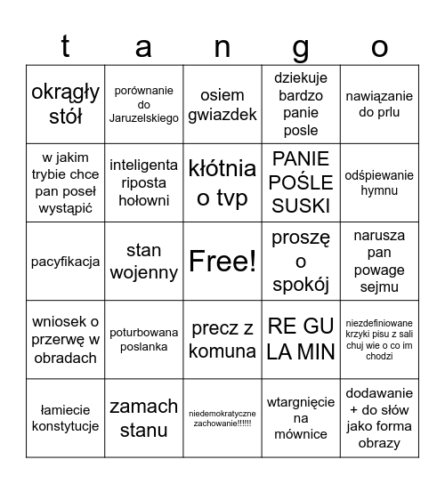 patostreamy z sejmu Bingo Card