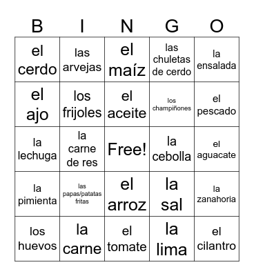 La comida Bingo Card