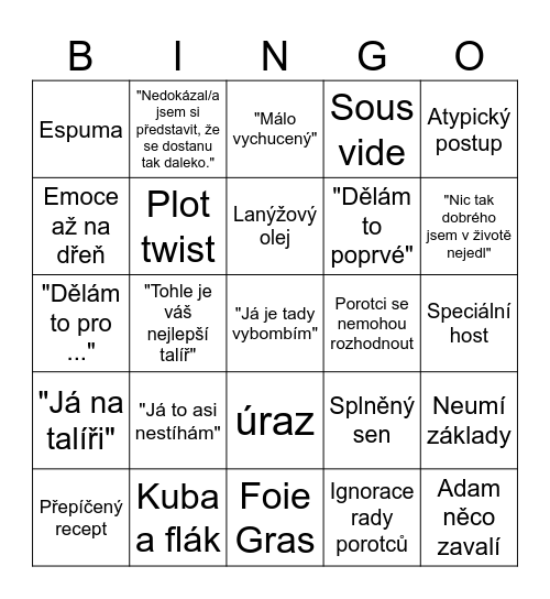 MasterChef ČR 2023 Bingo Card