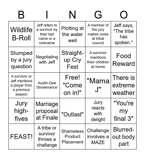 Survivor Bingo Card