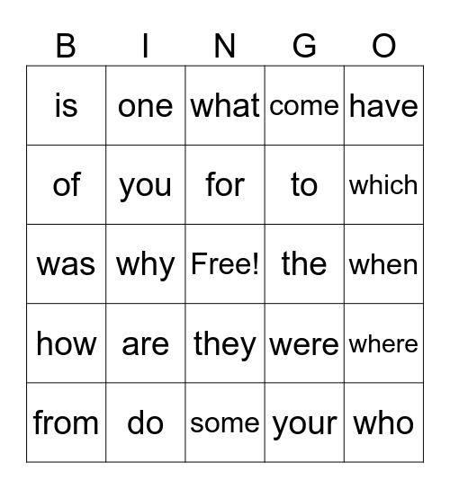Sight Word Bingo Card