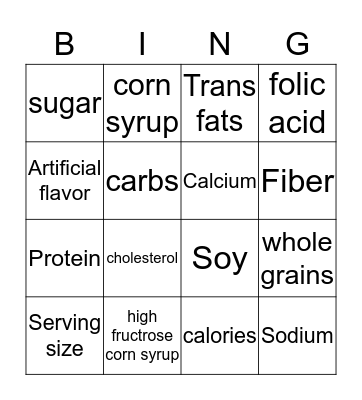 Nutrition Bingo Card