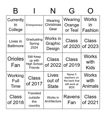 BDS Alumni Bingo Card