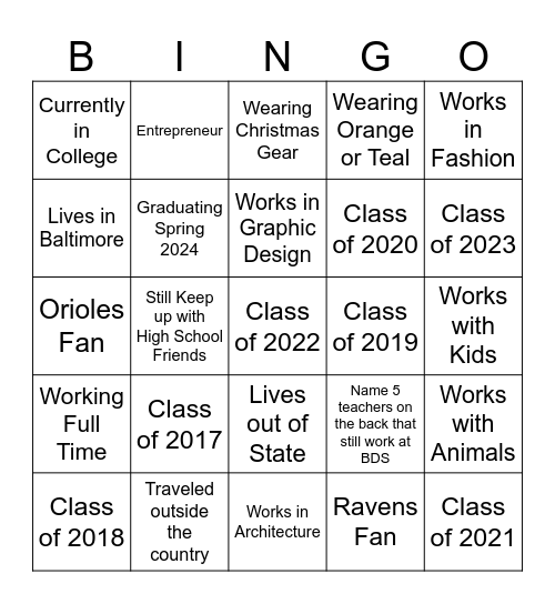 BDS Alumni Bingo Card