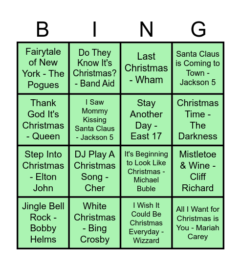 Christmas Song Bingo Card