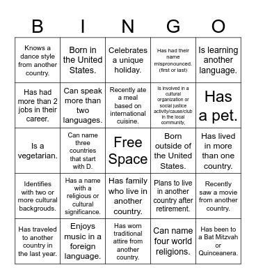Cultural Bingo Card
