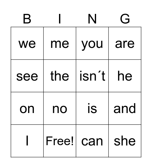 First grade sight words Bingo Card