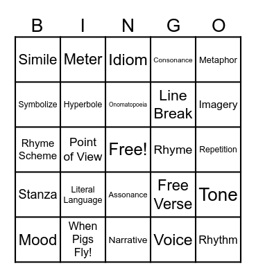 Elements of Poetry and Sound Devices Bingo Card