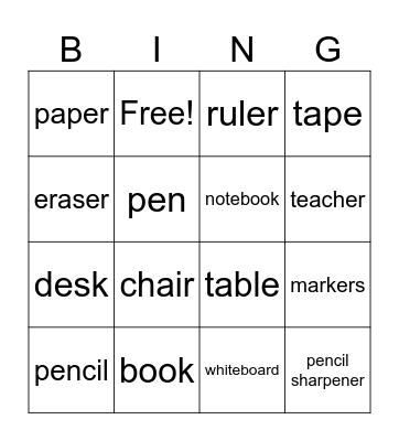 Classroom Bingo Card