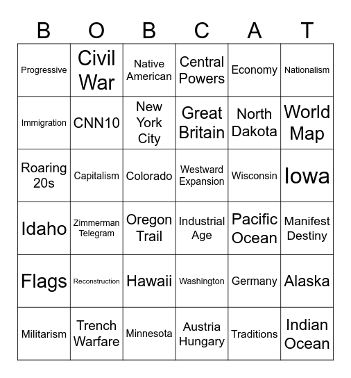 Bobcat Social Studies Bingo Card