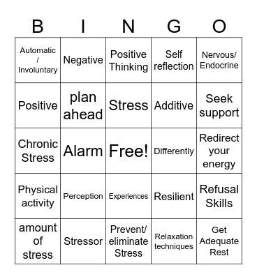 Health Ch 4 Stress Bingo Card