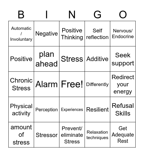 Health Ch 4 Stress Bingo Card