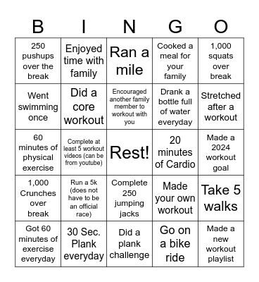 Winter Break Challenge Bingo Card