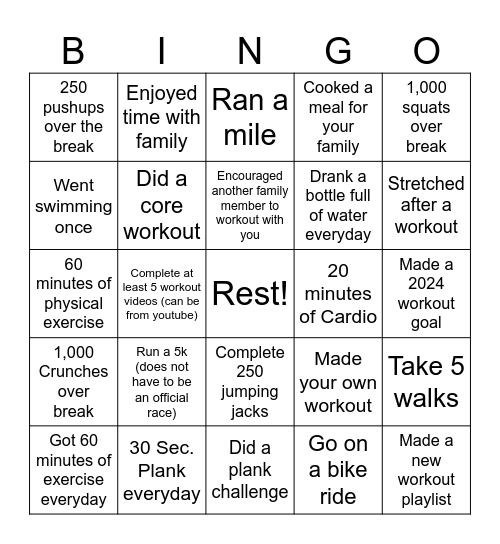 Winter Break Challenge Bingo Card