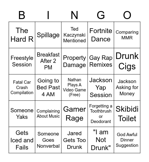 trip bingo Card