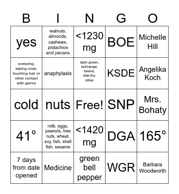 Derby Food Service Bingo Card