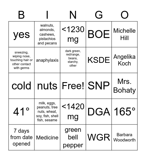 Derby Food Service Bingo Card