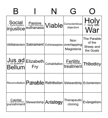 Philosophy and Ethics Keyword Bingo Card