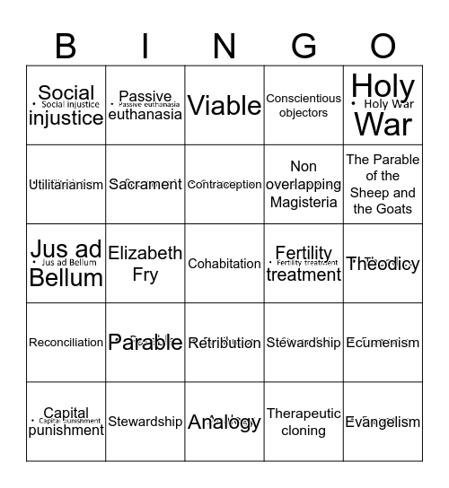 Philosophy and Ethics Keyword Bingo Card