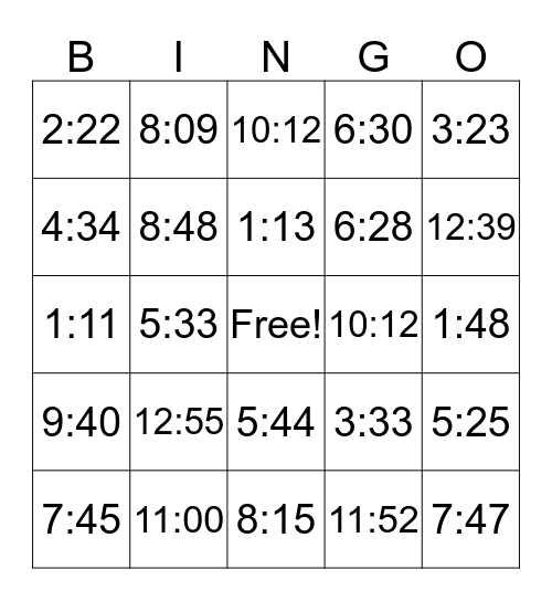 Clocks or Time Bingo Card