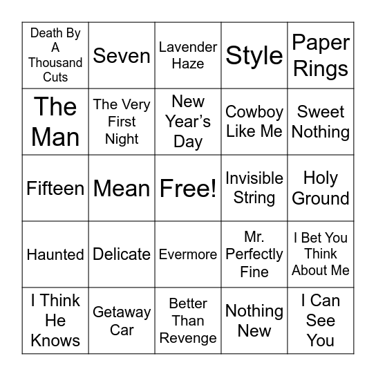Boogie Down Bingo Taylor Swift (Ava’s Version) Bingo Card