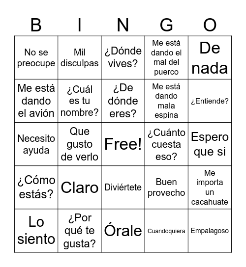 Spanish Idioms Bingo Card