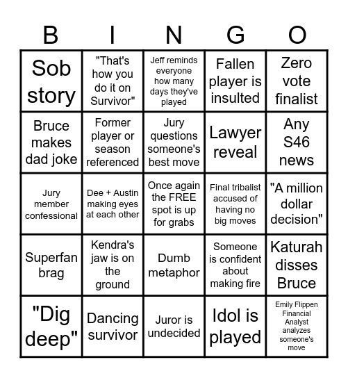 SURVIVOR 45 FINALE Bingo Card