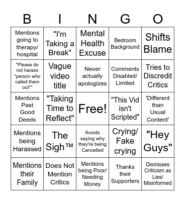 Youtuber Apology Bingo Card