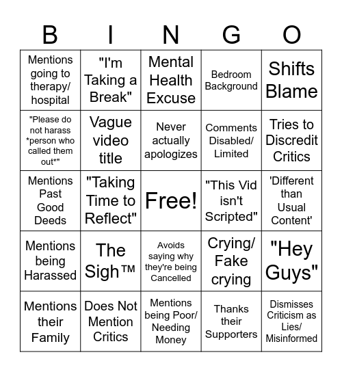 Youtuber Apology Bingo Card